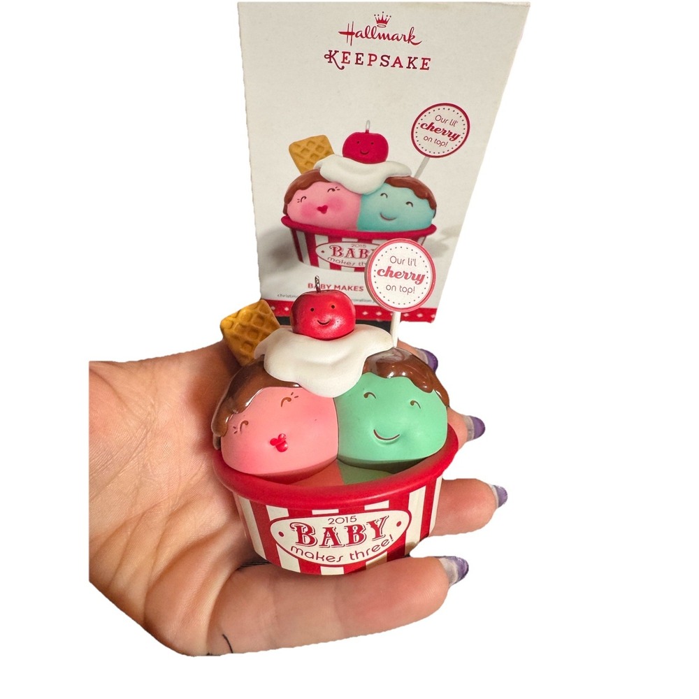 2015 Baby Makes Three Ice Cream Sundae Hallmark Keepsake Christmas Ornament